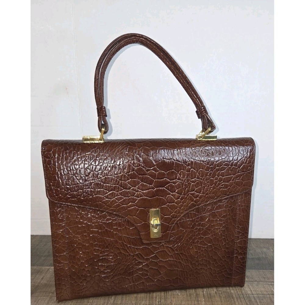 Vtg Sheldon Original Brown Croc Embossed Handbag 60s Structured Top Handle MCM